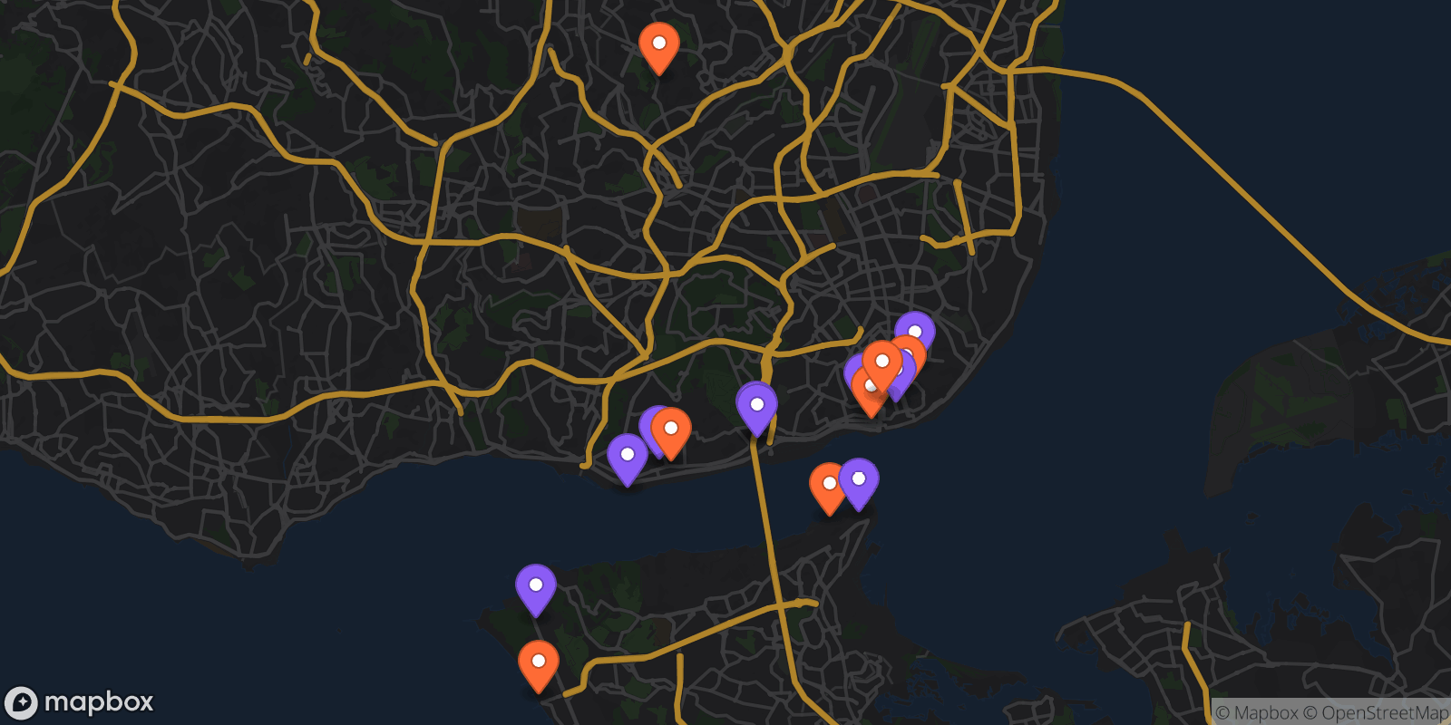 Map showing 16 locations