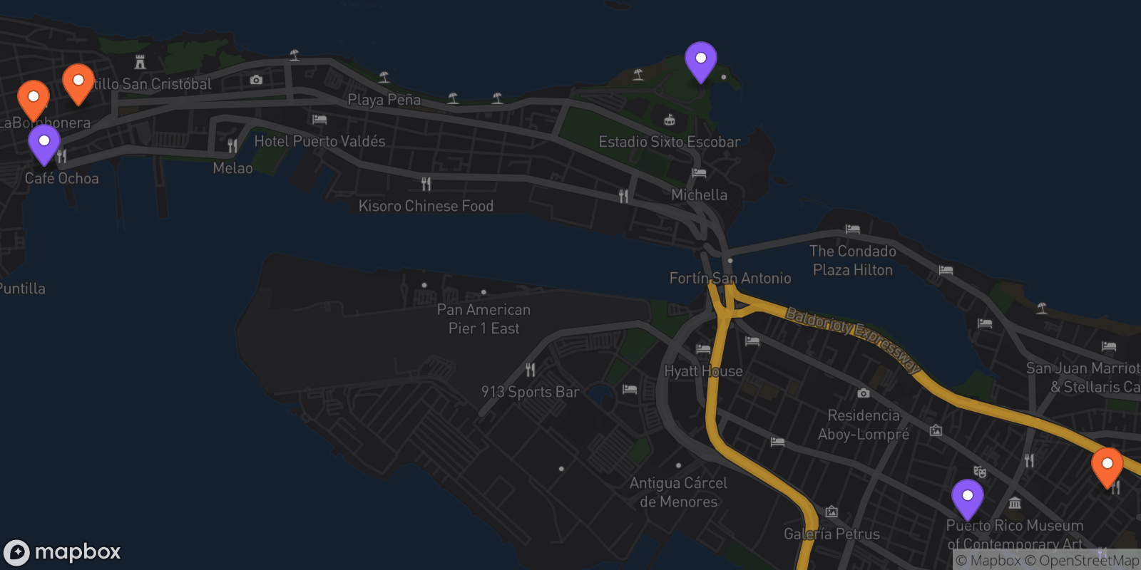 Map showing 6 locations
