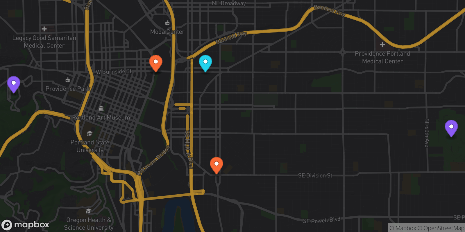 Map showing 6 locations