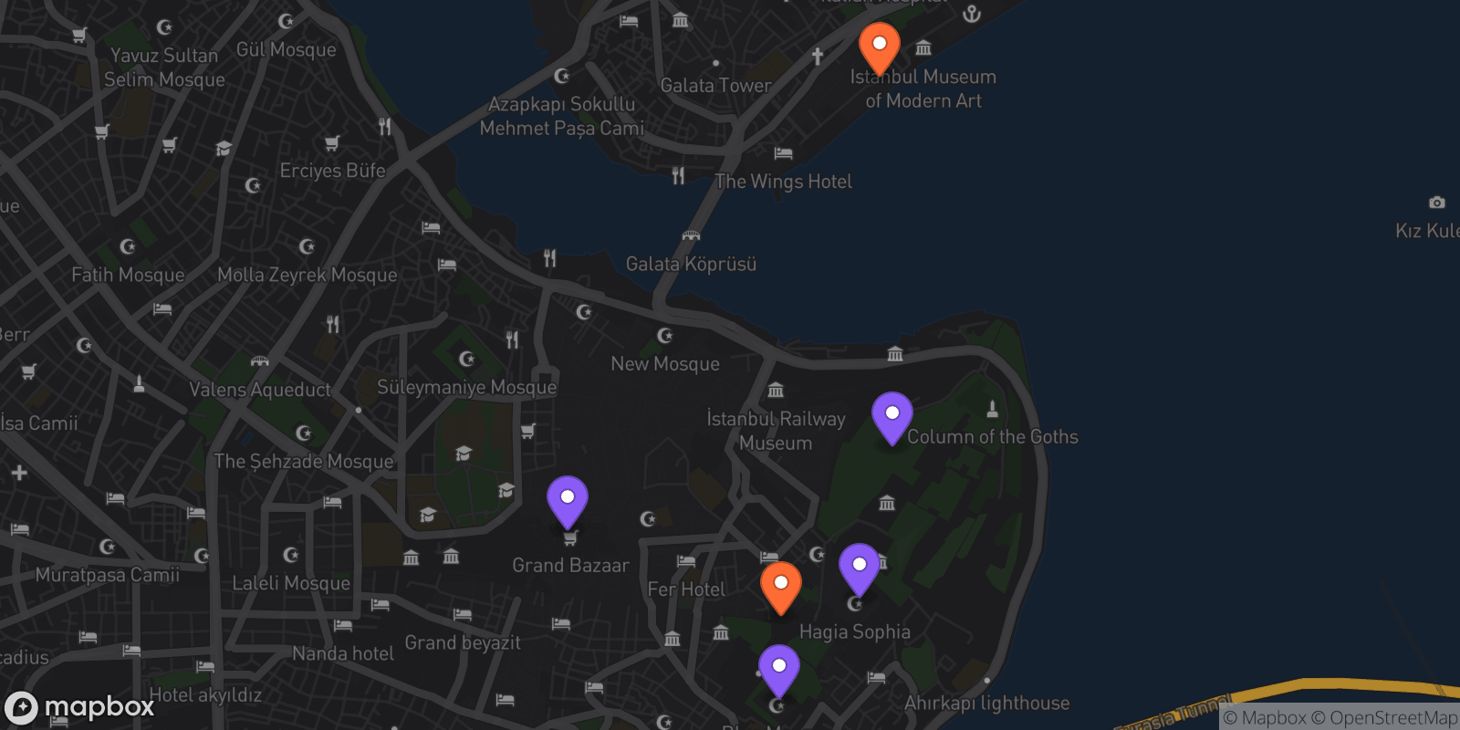 Map showing 6 locations