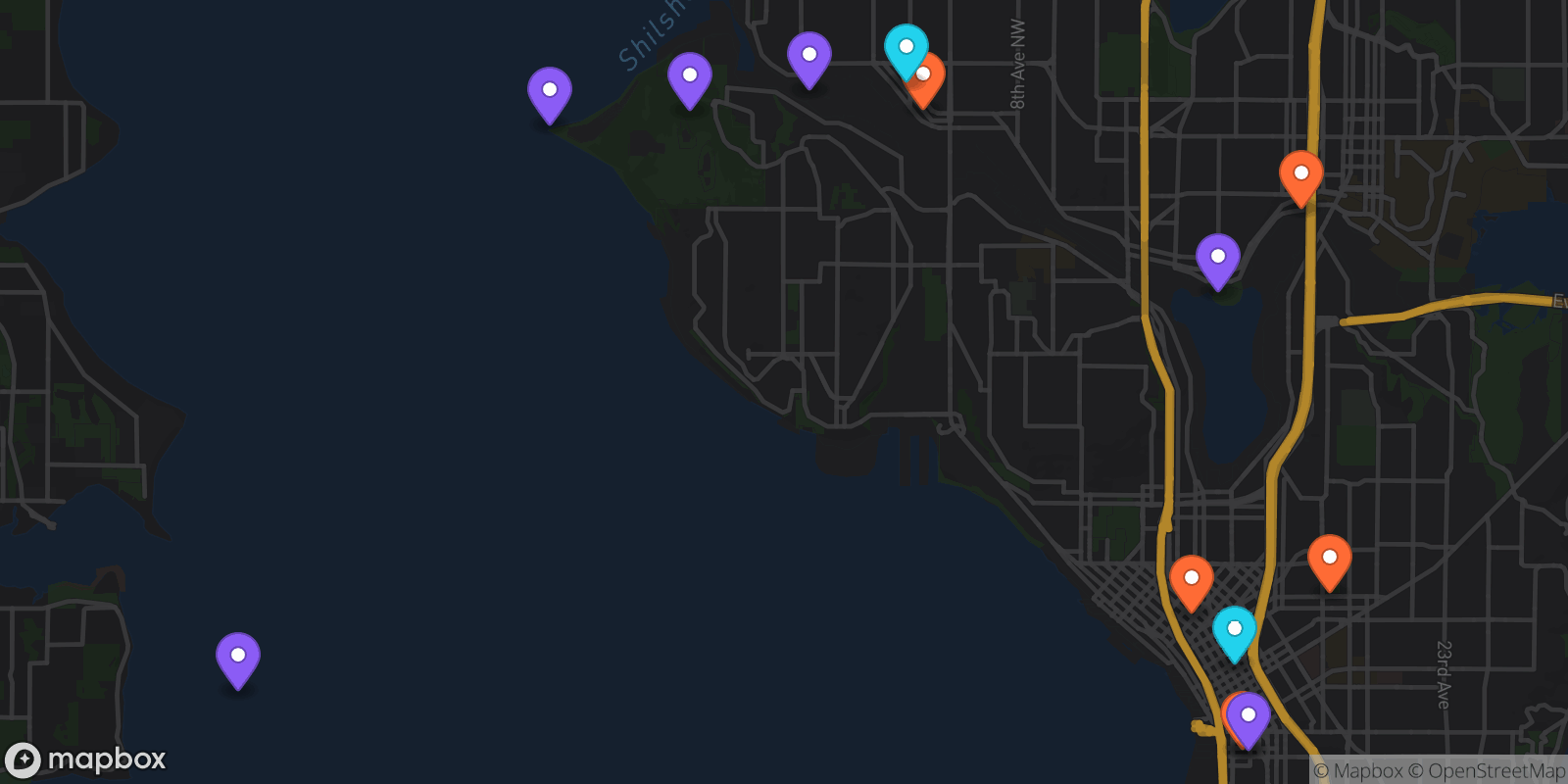 Map showing 13 locations