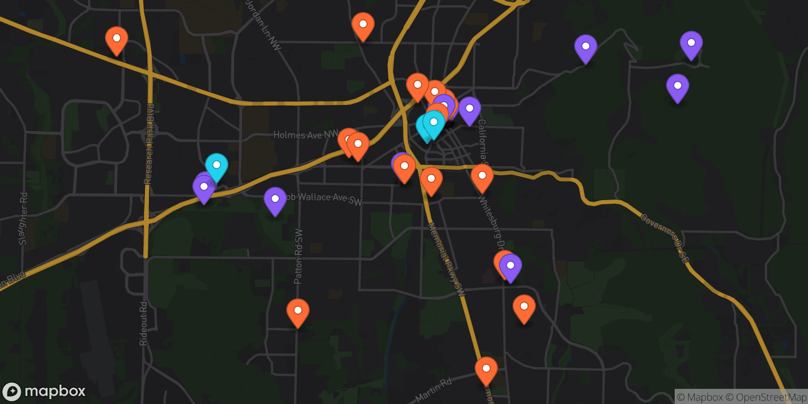 Map showing 38 locations