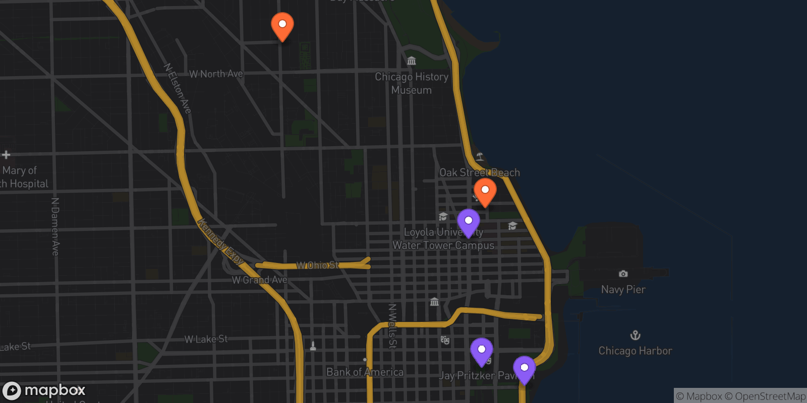 Map showing 5 locations
