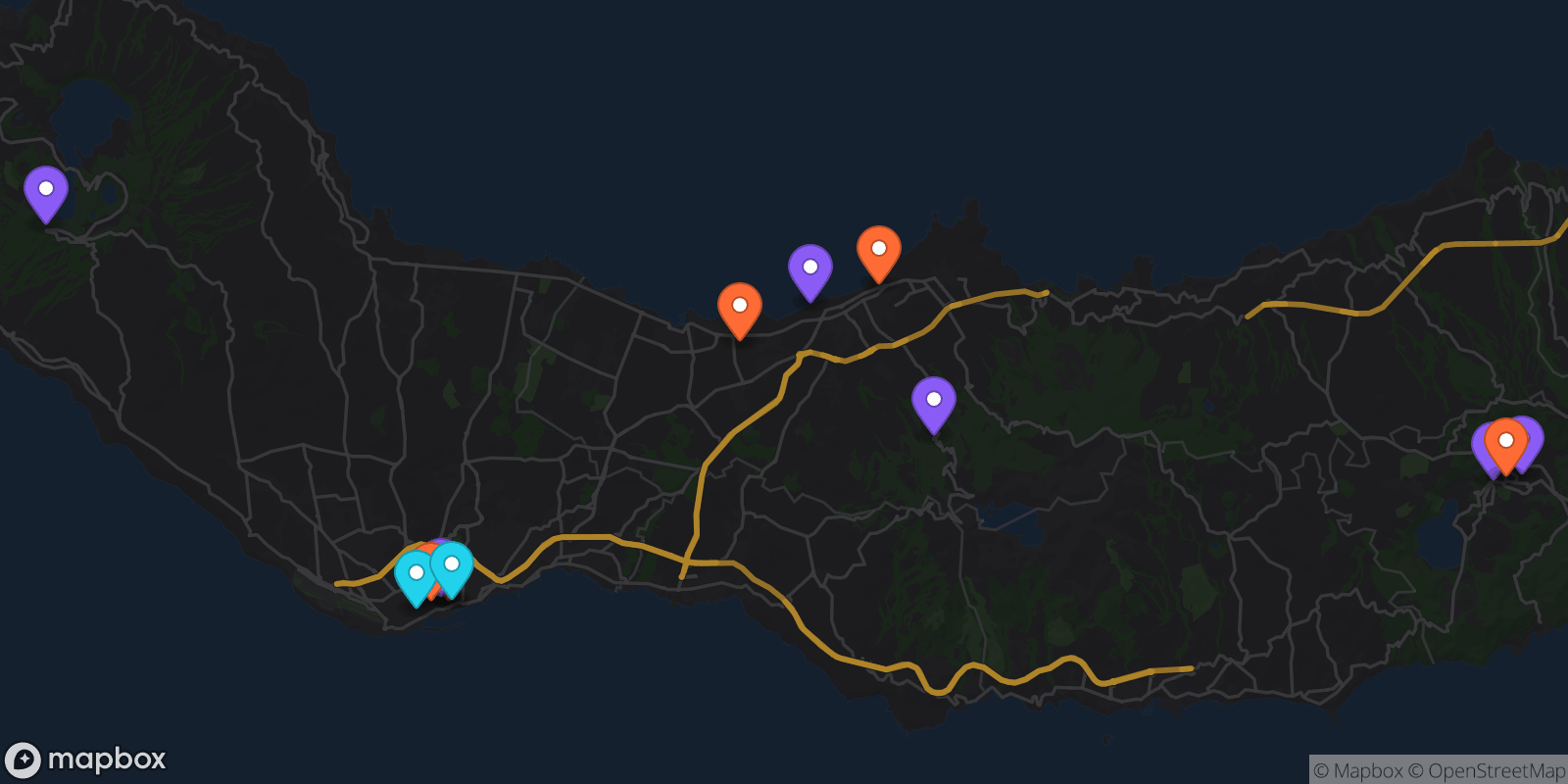 Map showing 13 locations