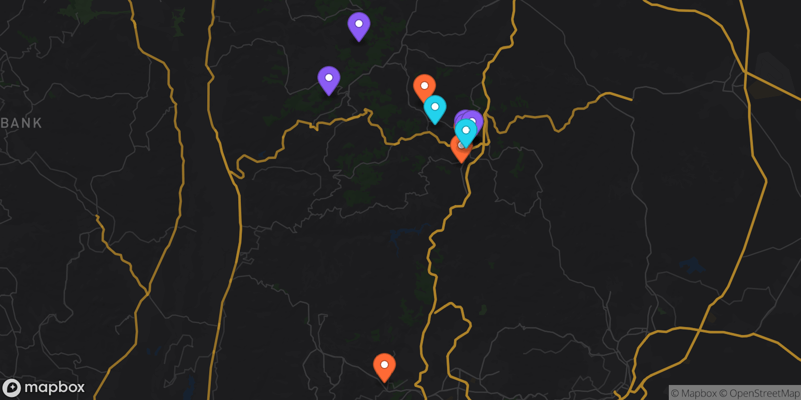 Map showing 15 locations