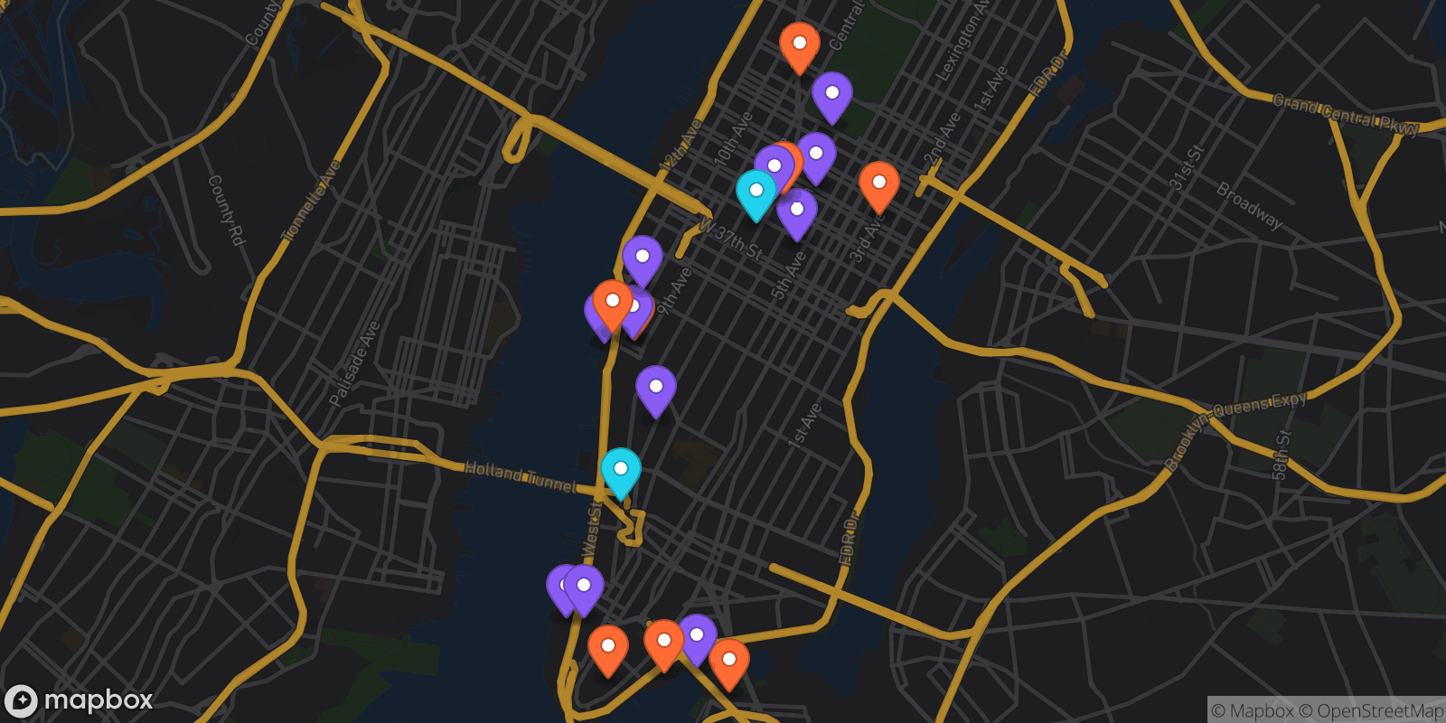 Map showing 21 locations