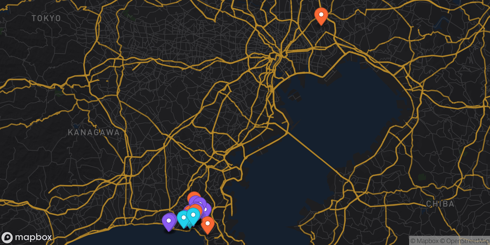 Map showing 43 locations