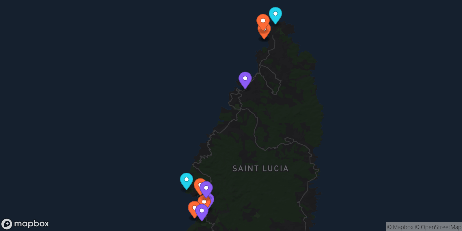 Map showing 13 locations