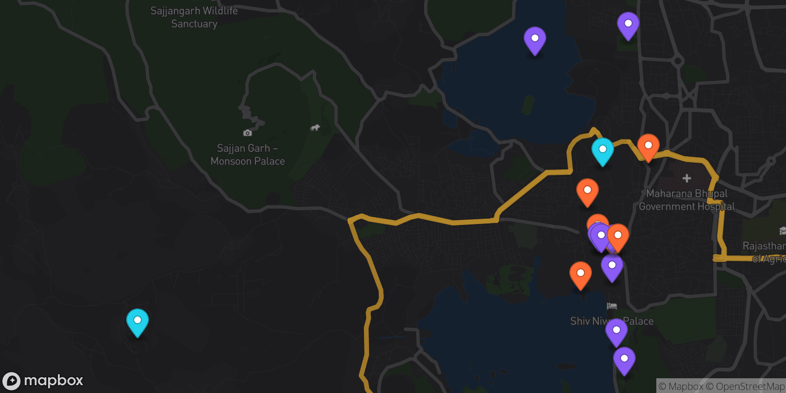 Map showing 16 locations