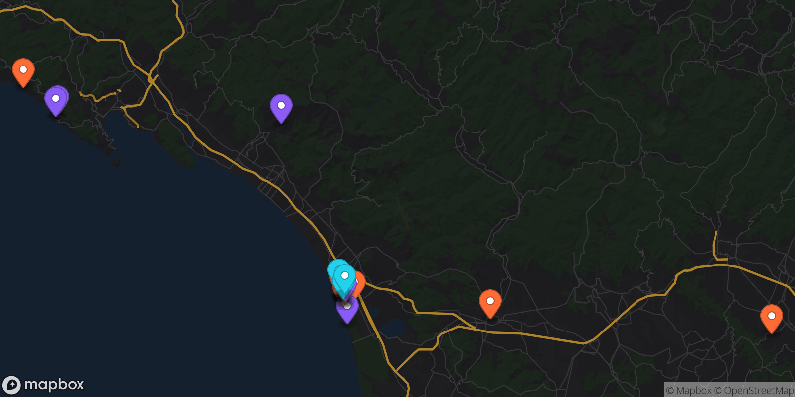Map showing 21 locations