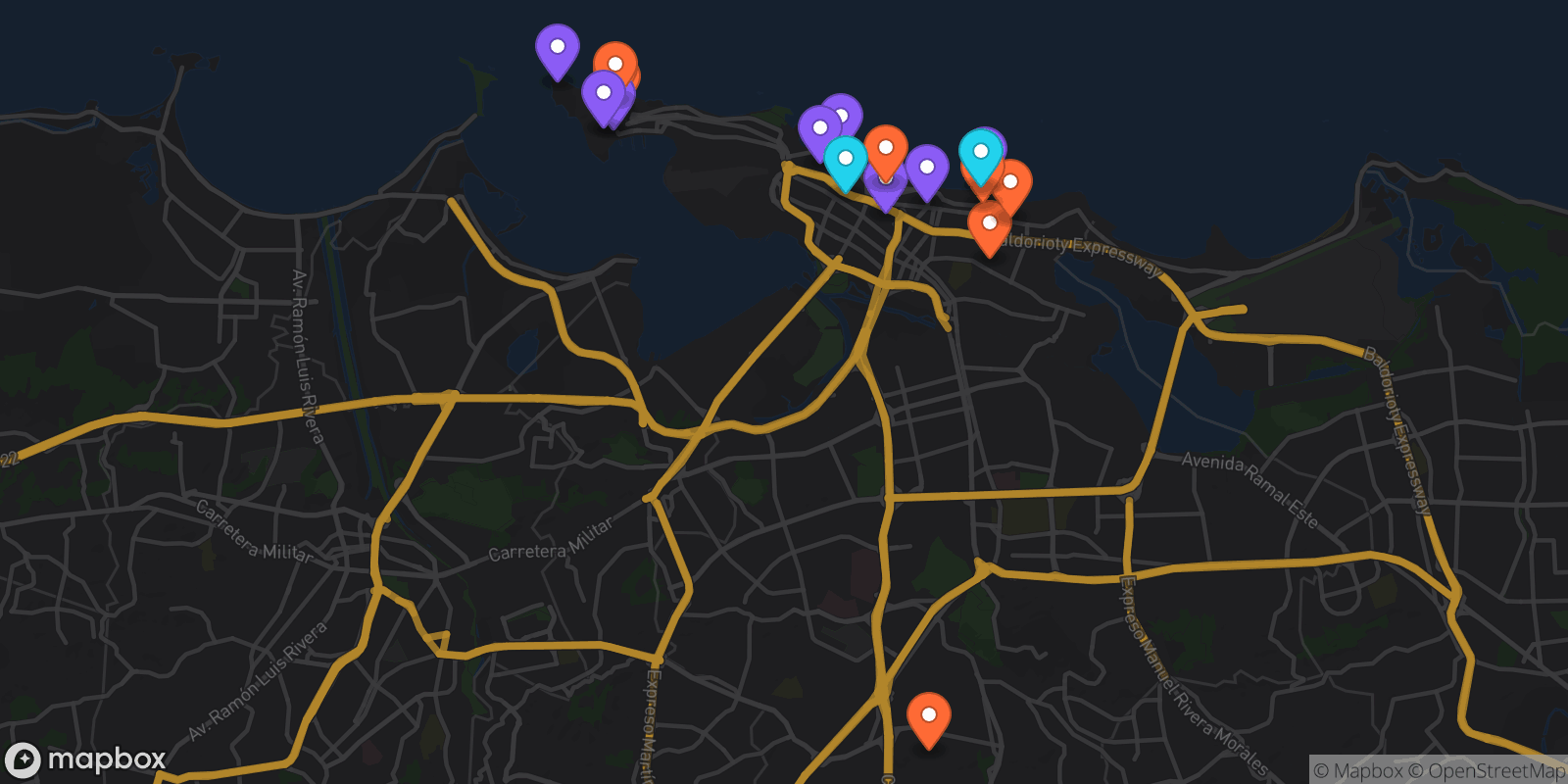 Map showing 18 locations