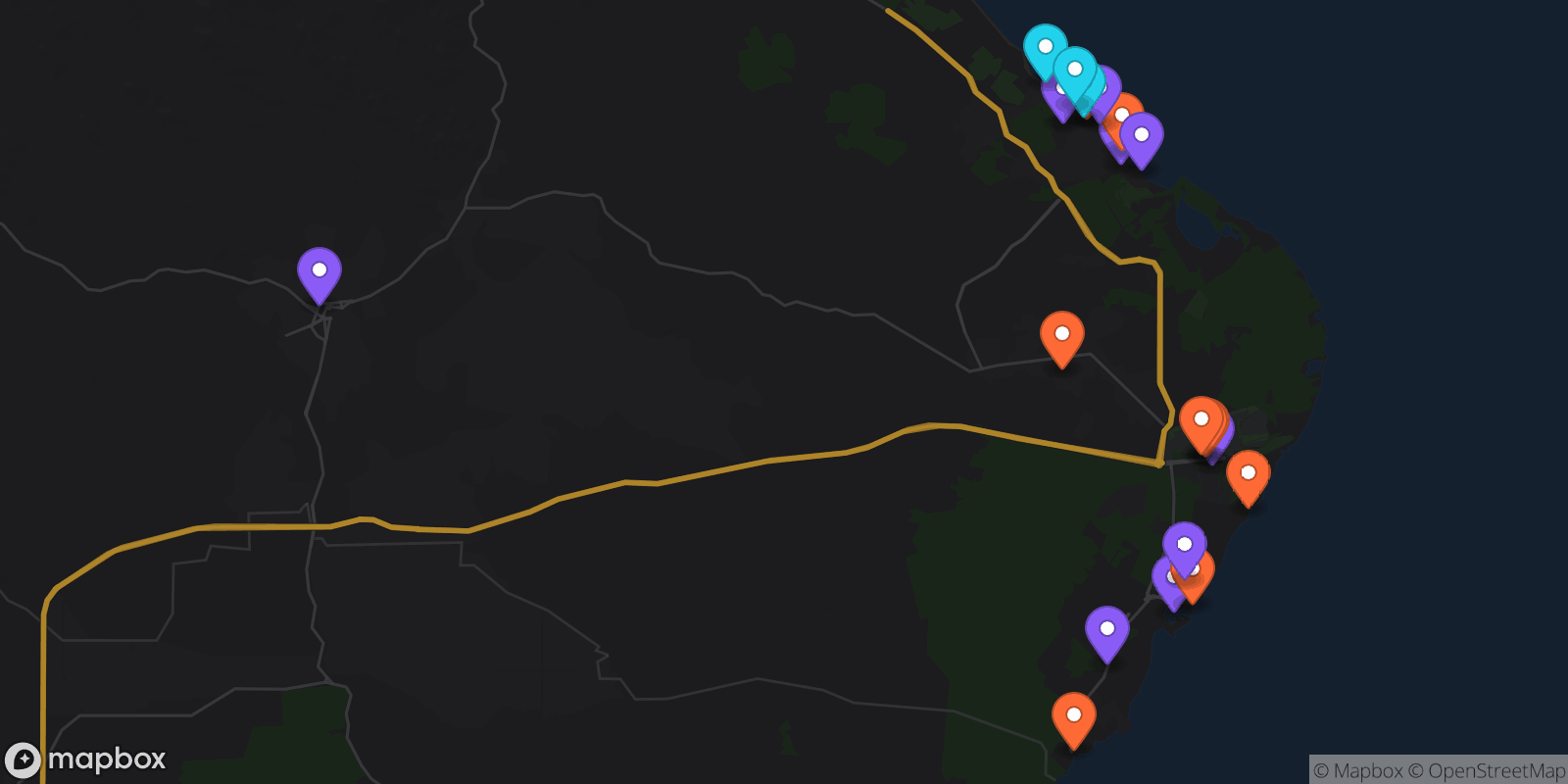 Map showing 21 locations