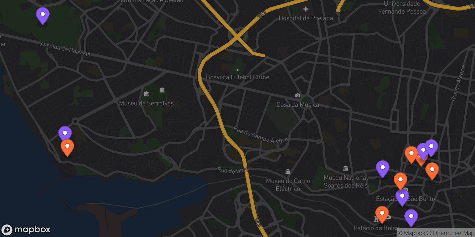Map showing 13 locations