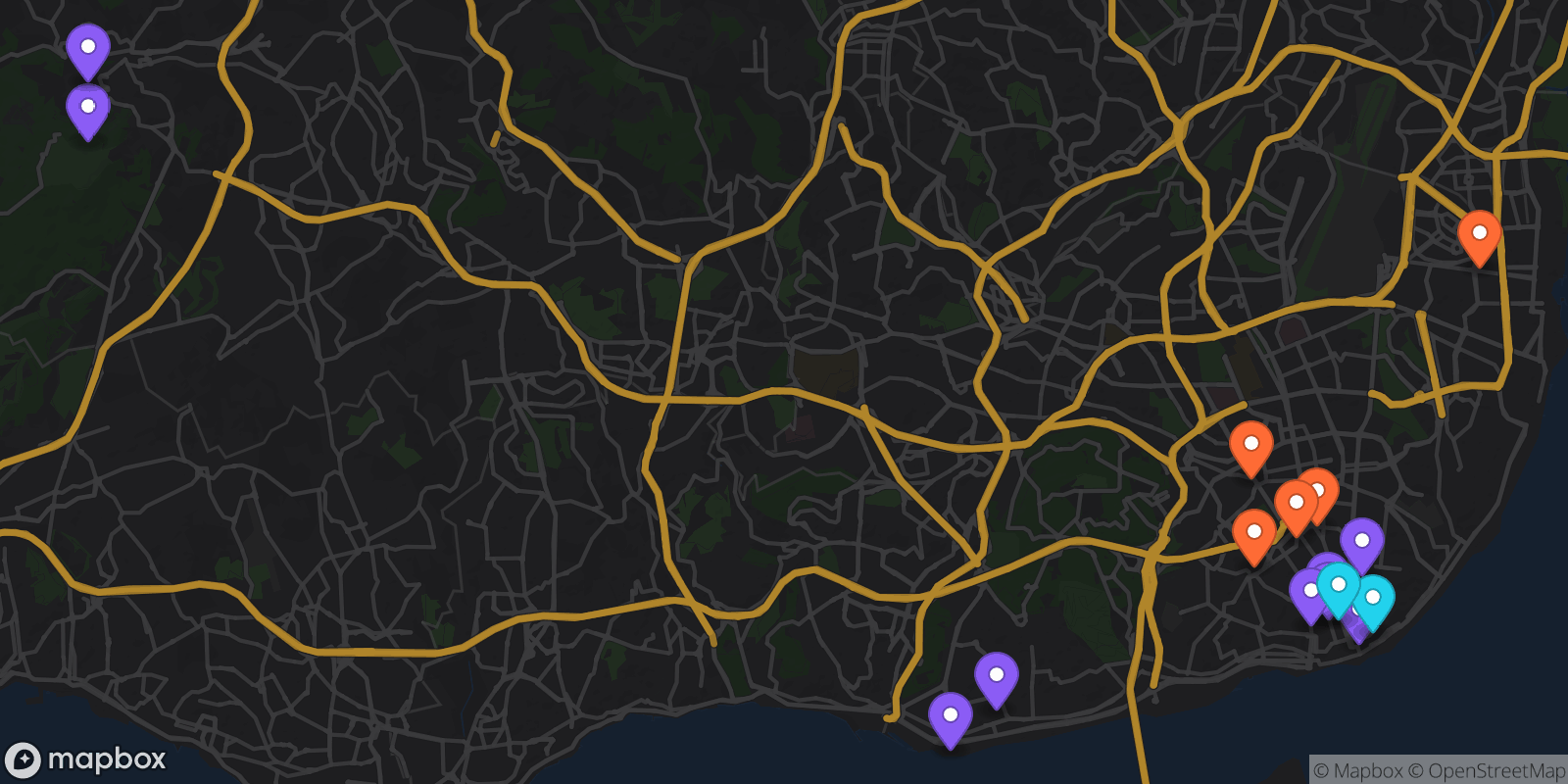 Map showing 16 locations