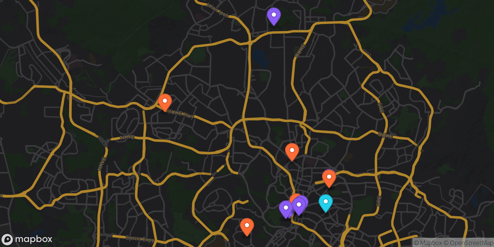 Map showing 13 locations