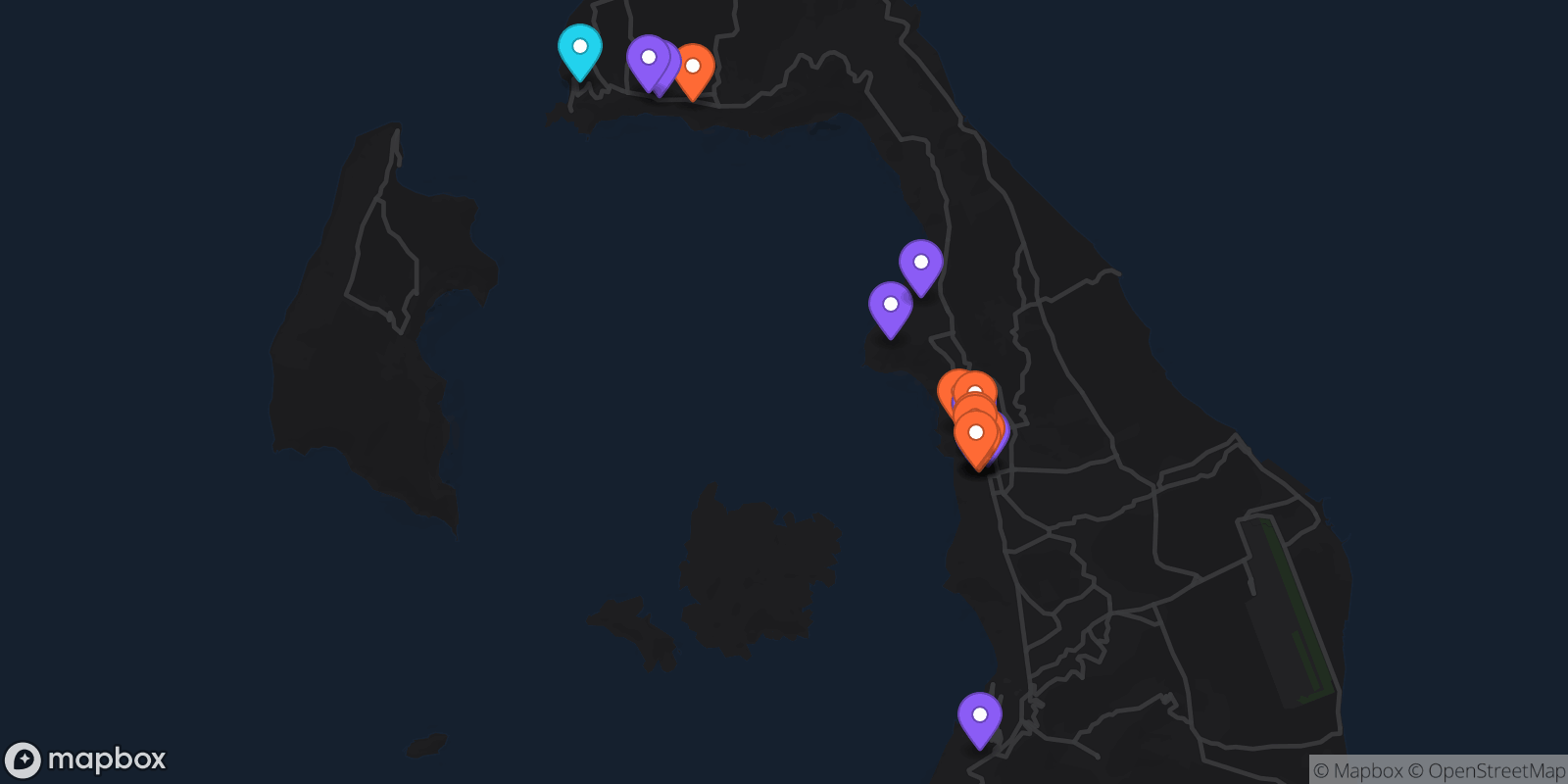 Map showing 19 locations