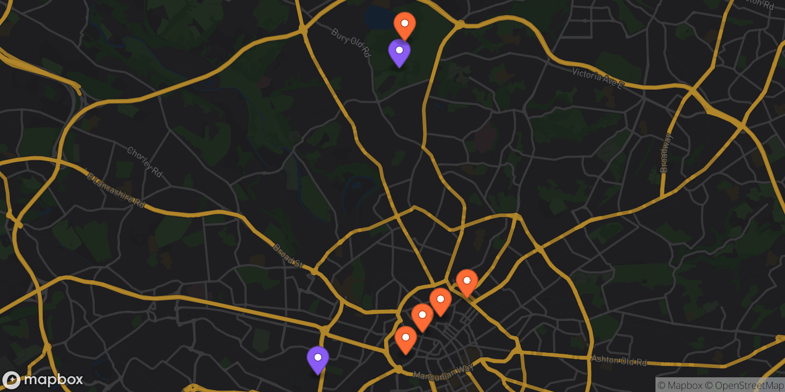 Map showing 7 locations