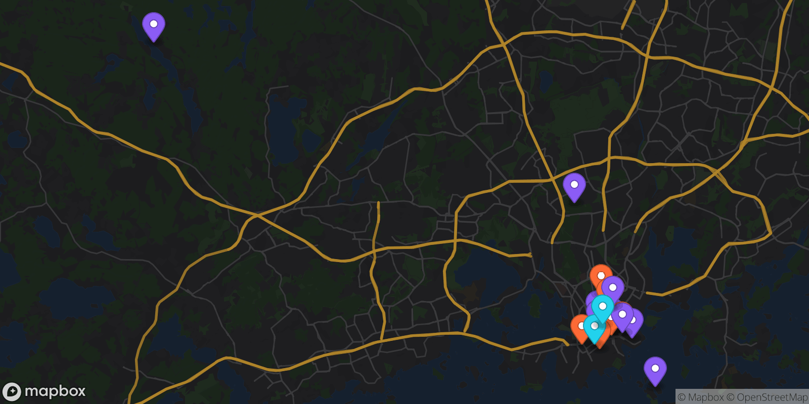 Map showing 21 locations
