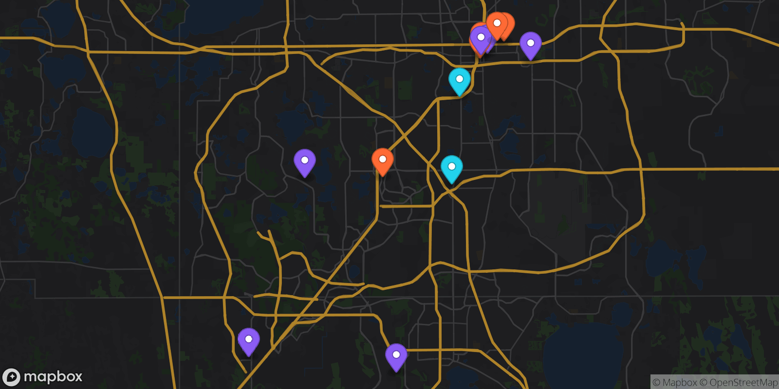 Map showing 13 locations