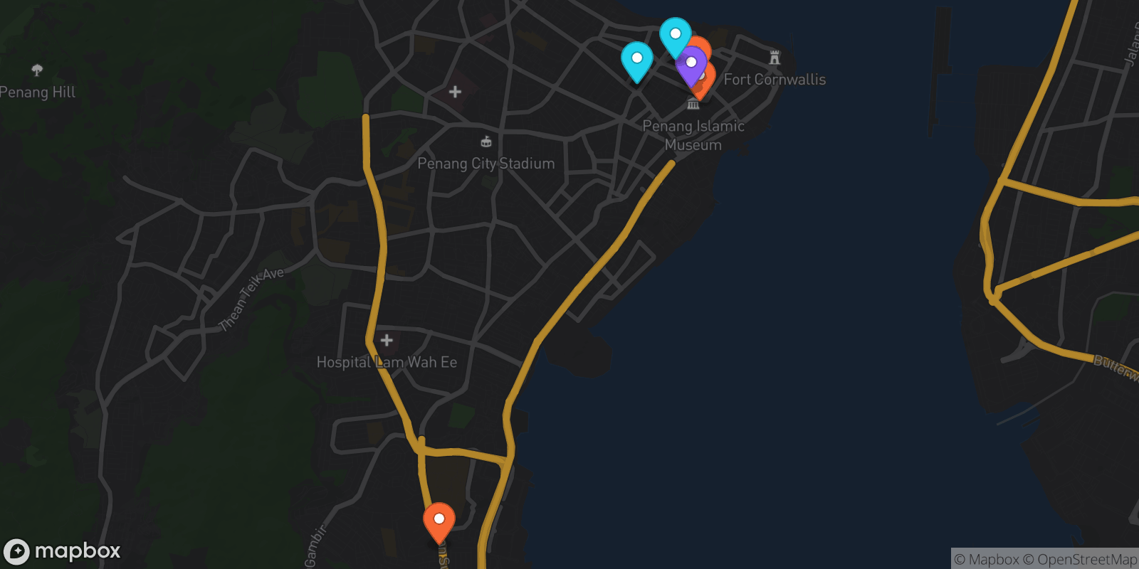 Map showing 6 locations