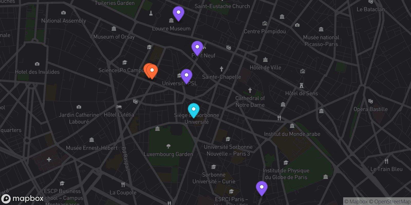 Map showing 7 locations