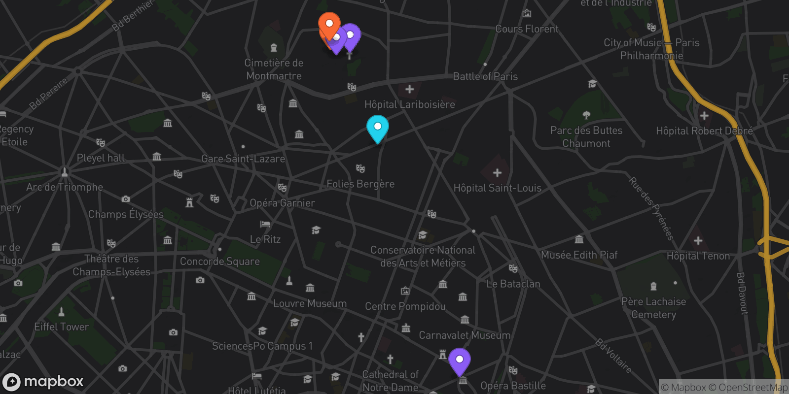Map showing 6 locations