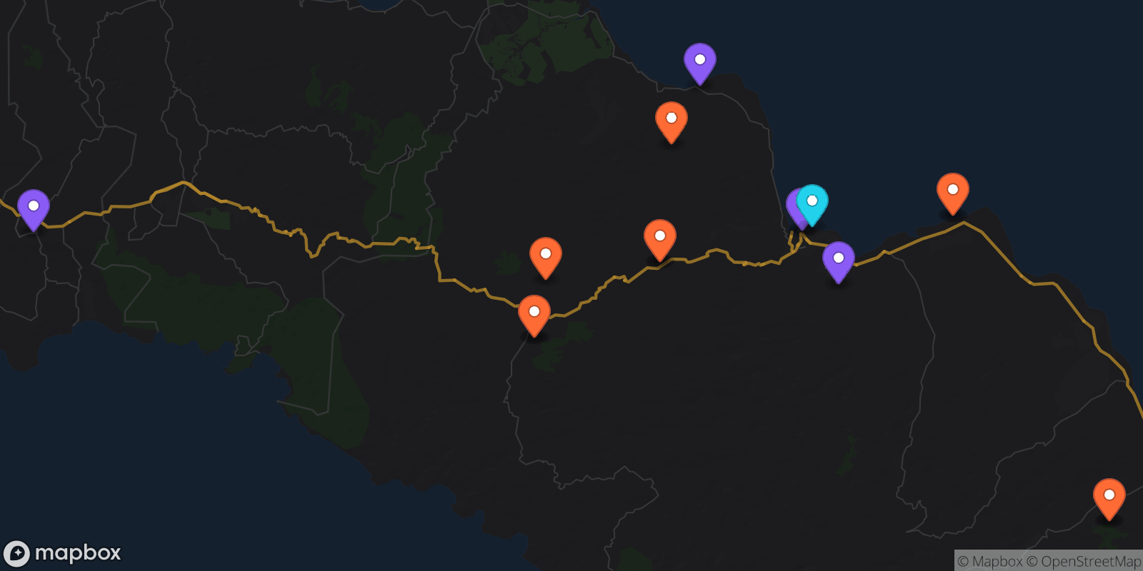 Map showing 16 locations
