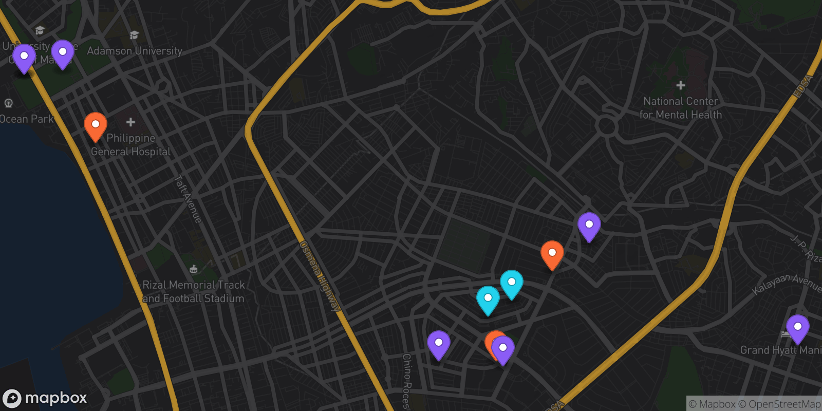 Map showing 13 locations