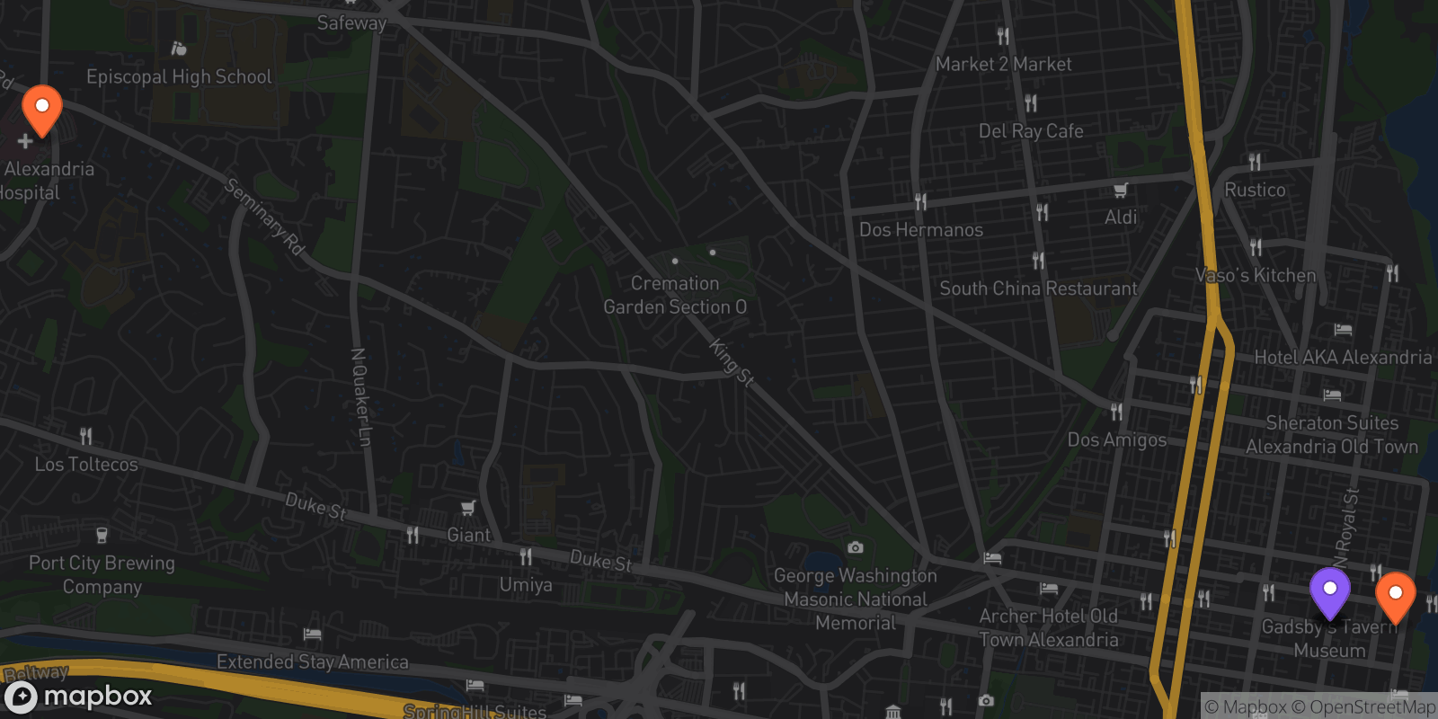 Map showing 6 locations