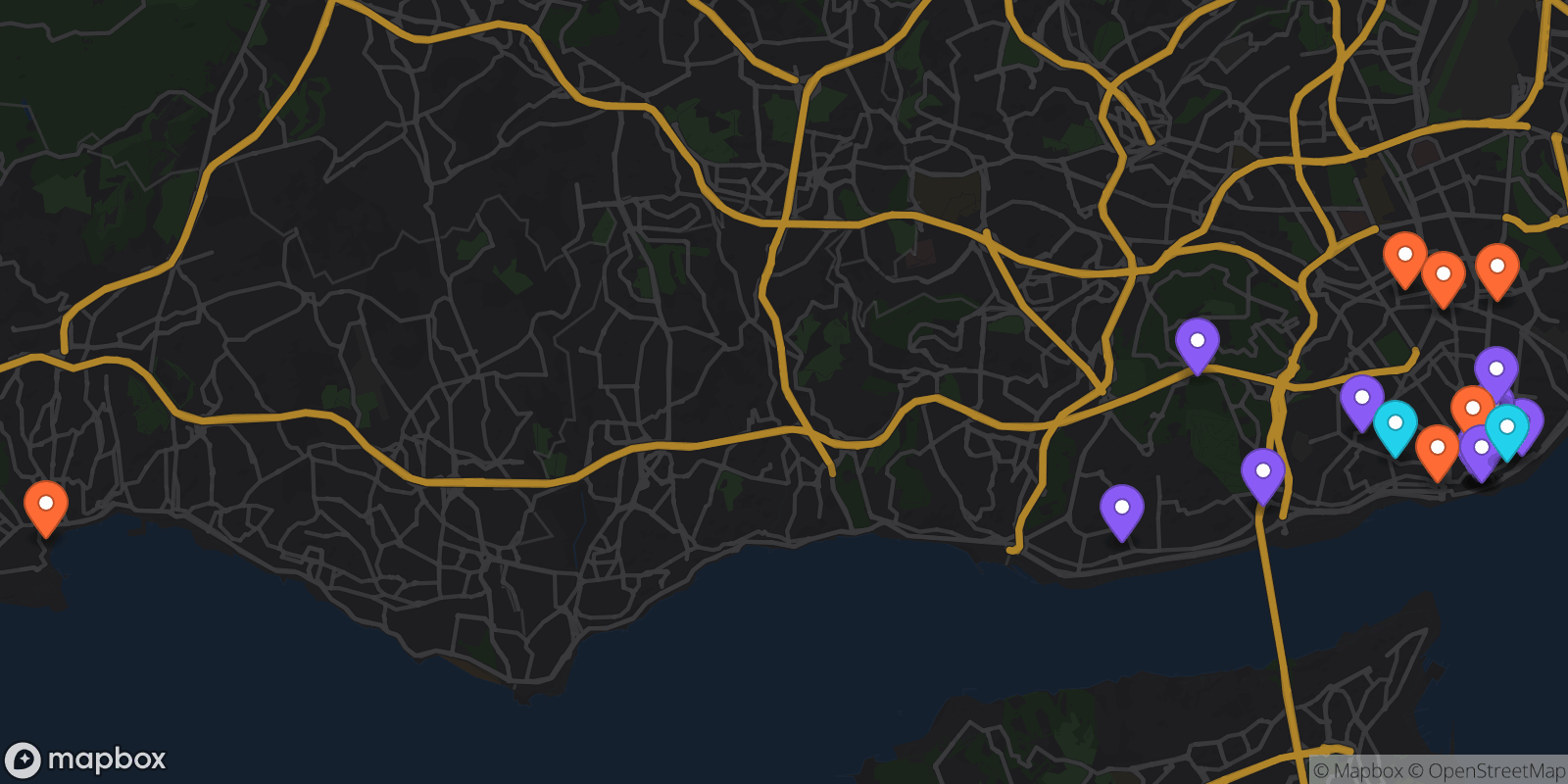 Map showing 19 locations