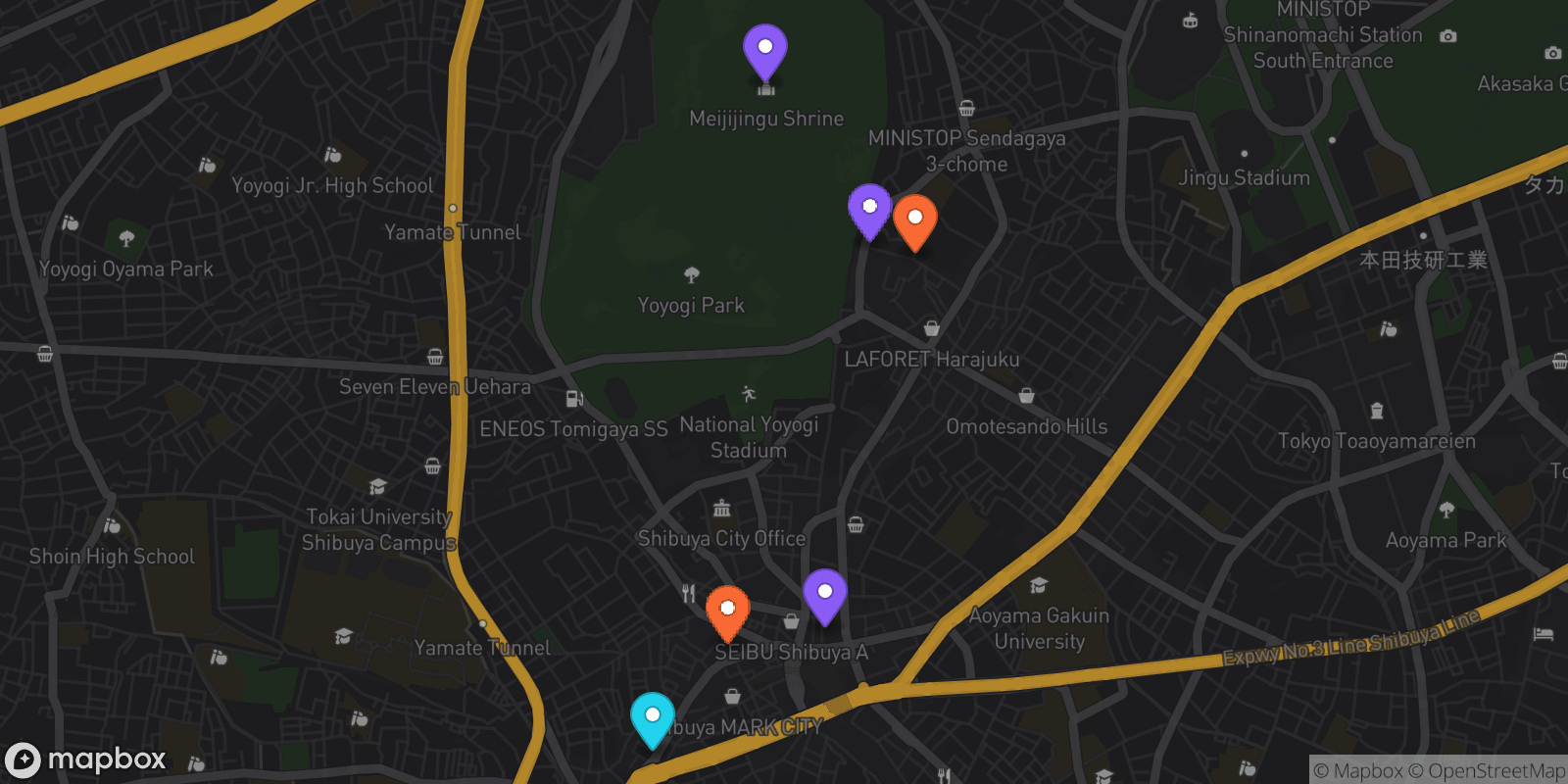 Map showing 6 locations