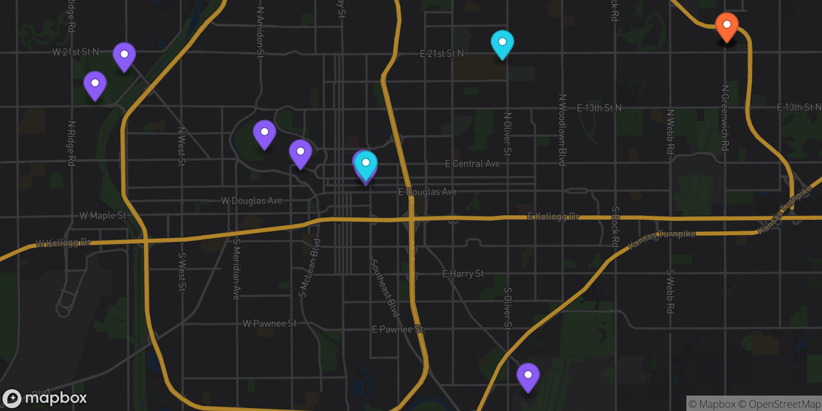 Map showing 13 locations