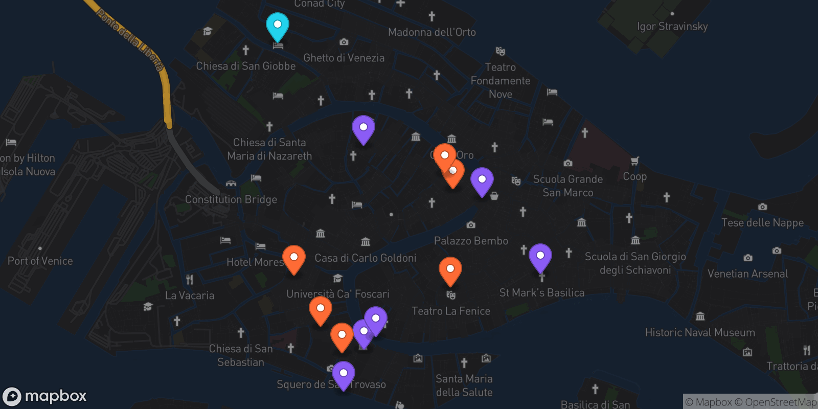 Map showing 13 locations