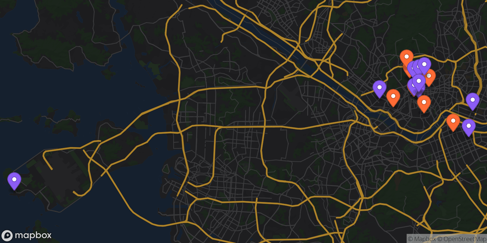 Map showing 18 locations