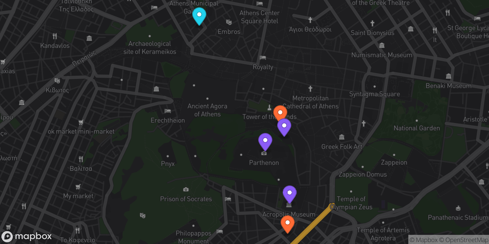 Map showing 6 locations