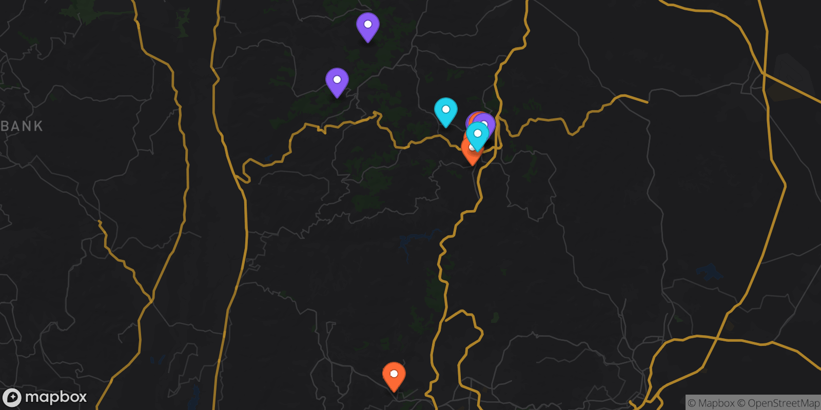 Map showing 15 locations