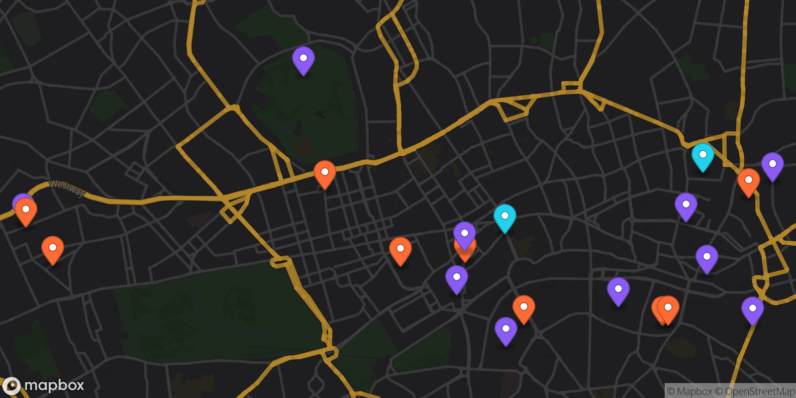 Map showing 21 locations