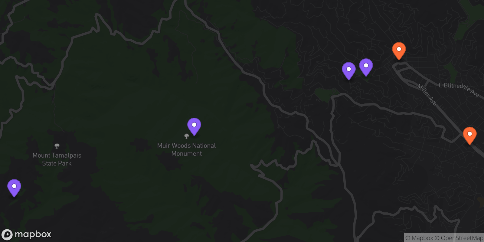 Map showing 6 locations
