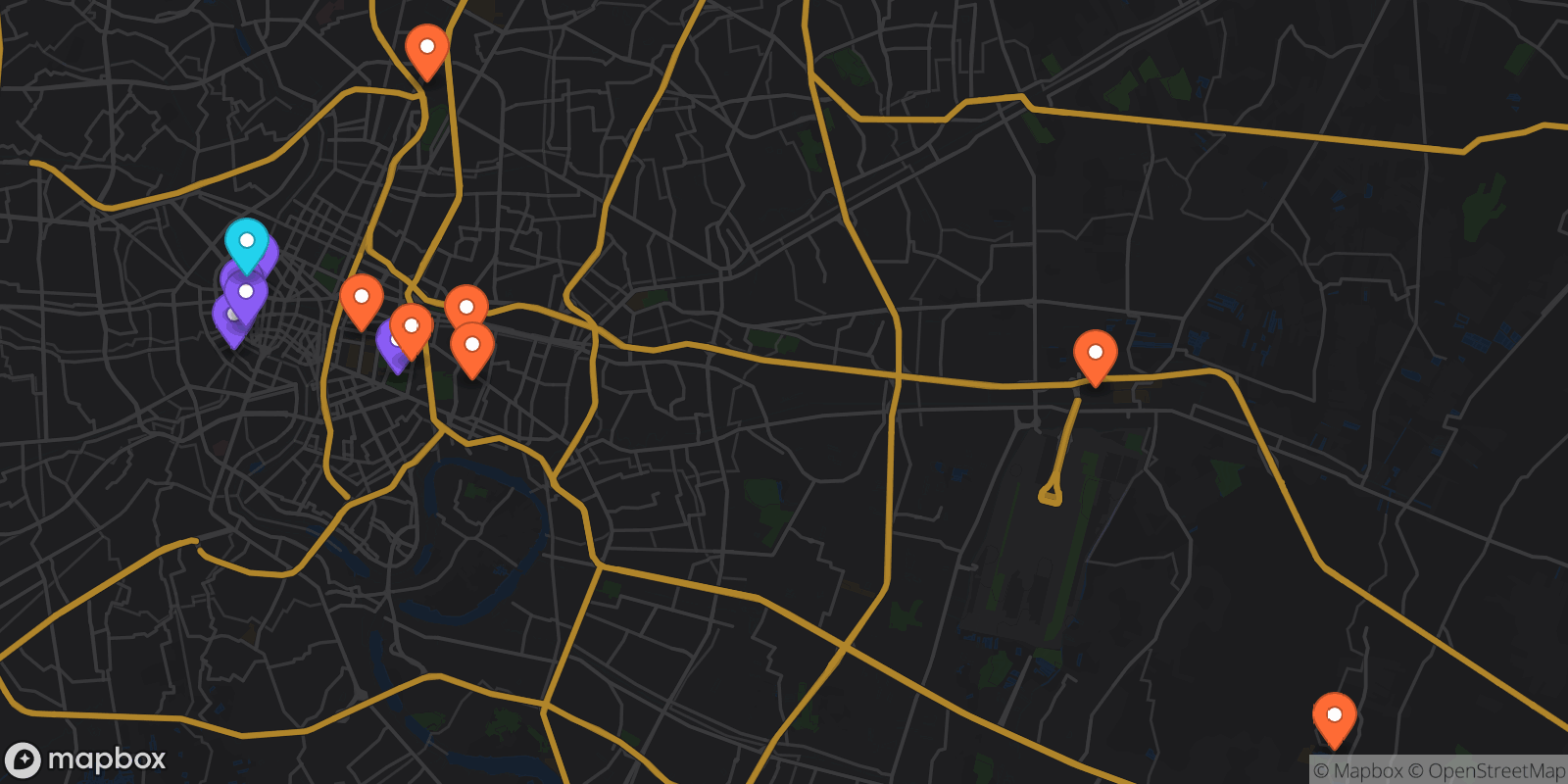 Map showing 13 locations
