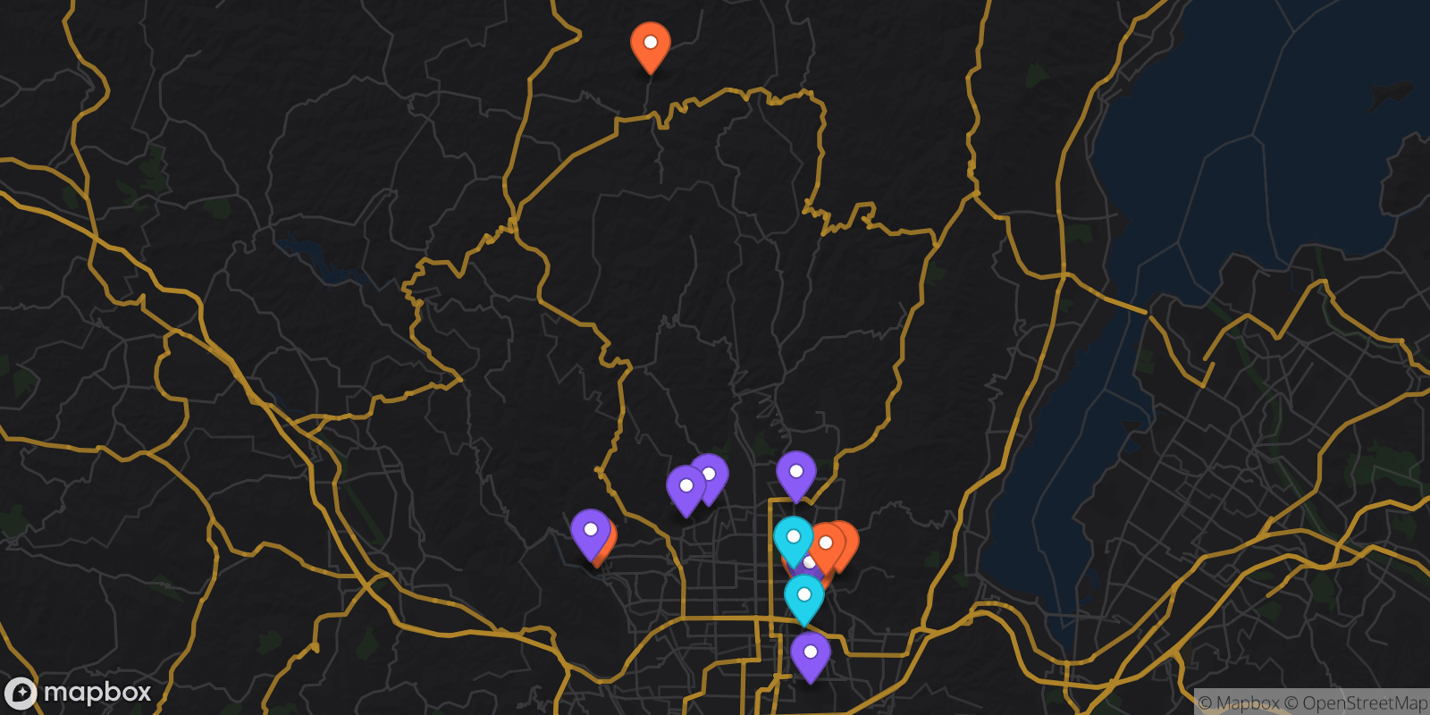Map showing 15 locations