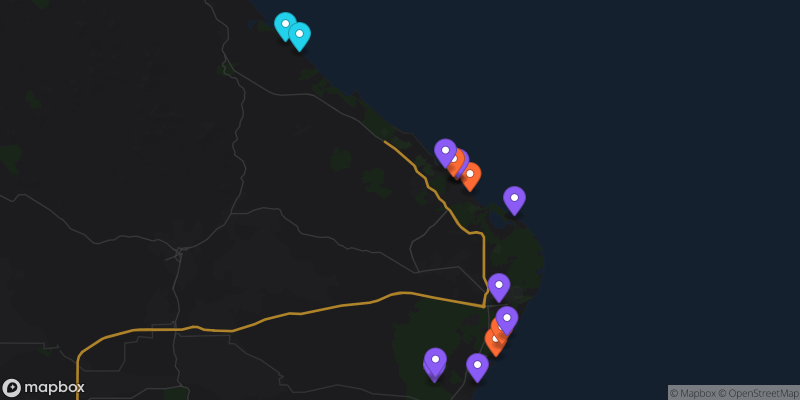 Map showing 16 locations