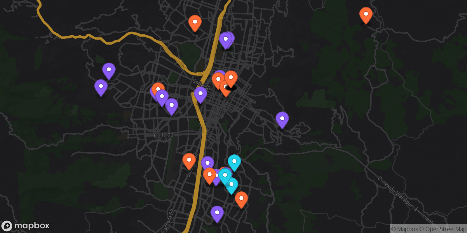 Map showing 43 locations