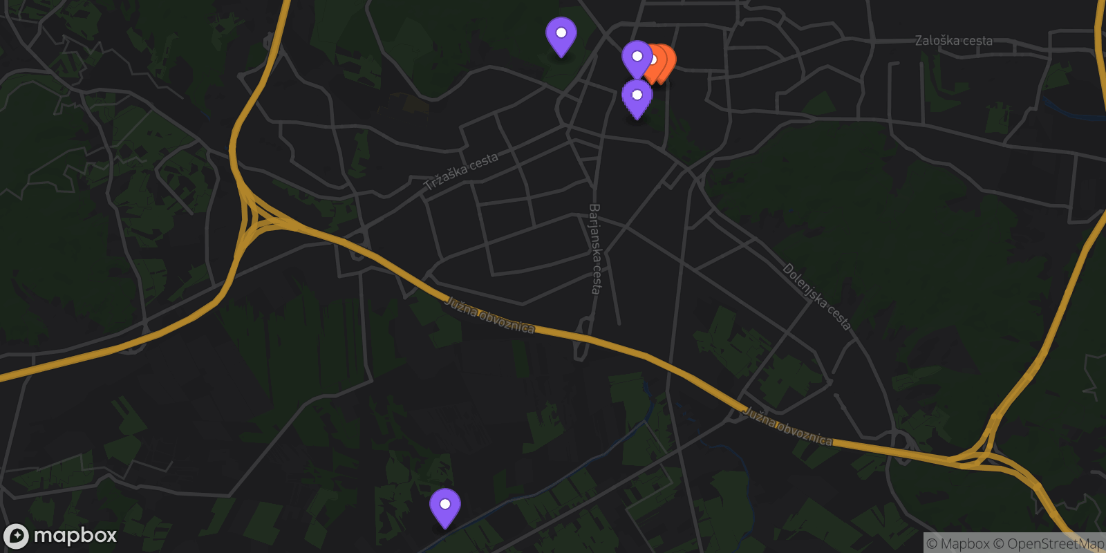 Map showing 6 locations