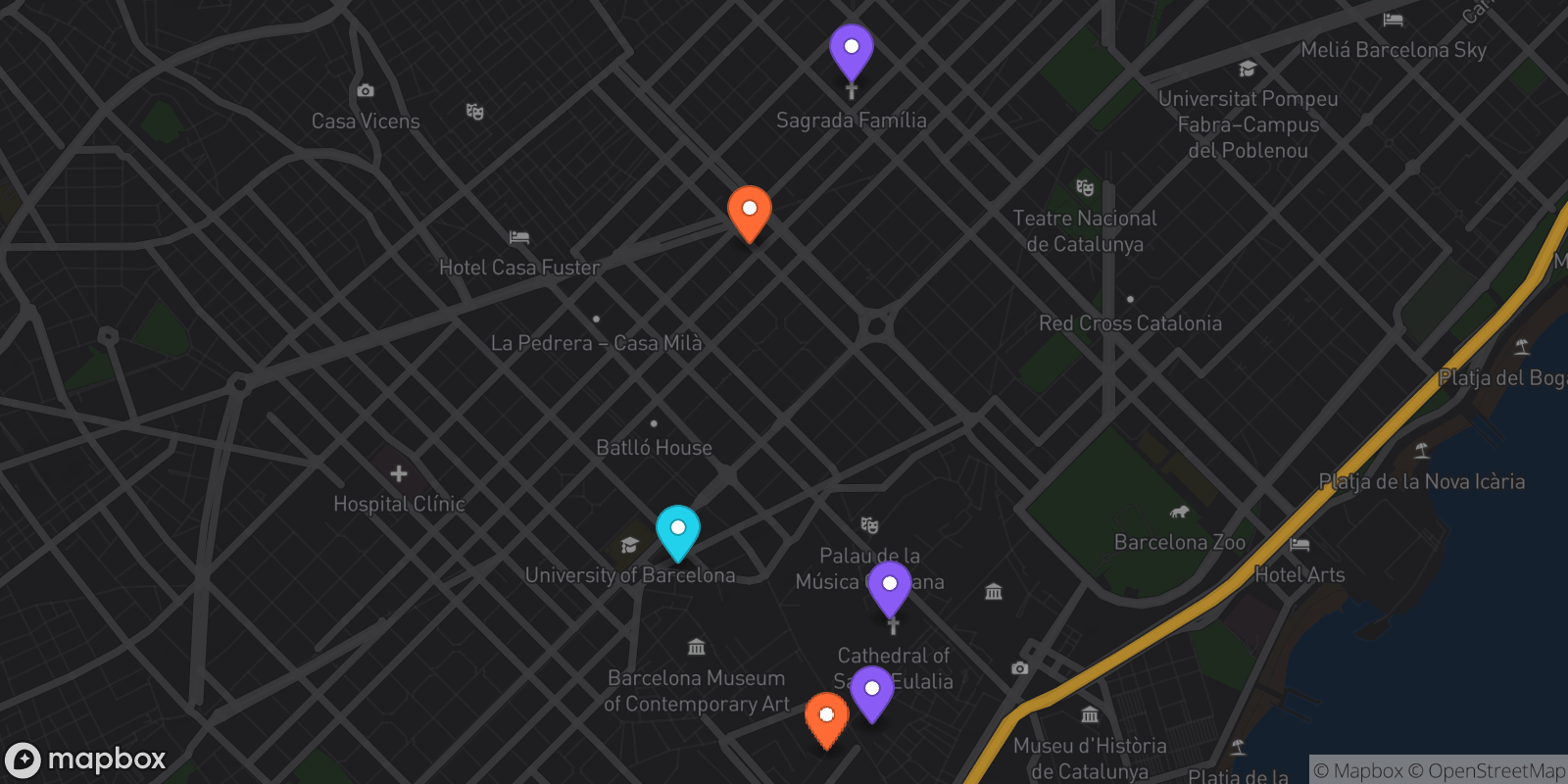 Map showing 6 locations