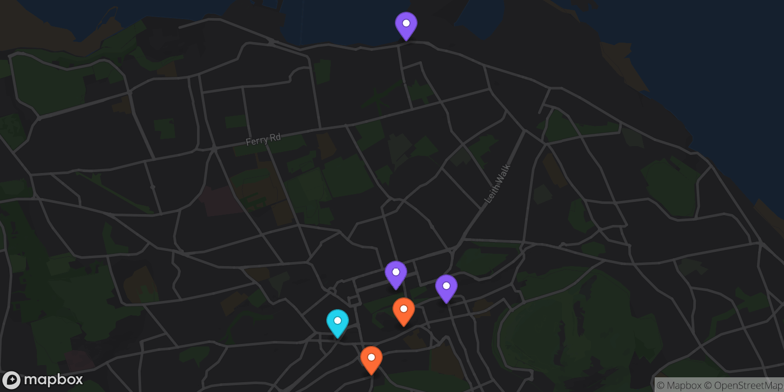 Map showing 6 locations