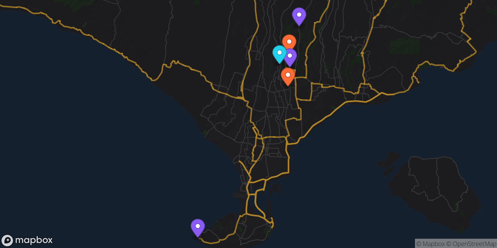 Map showing 6 locations