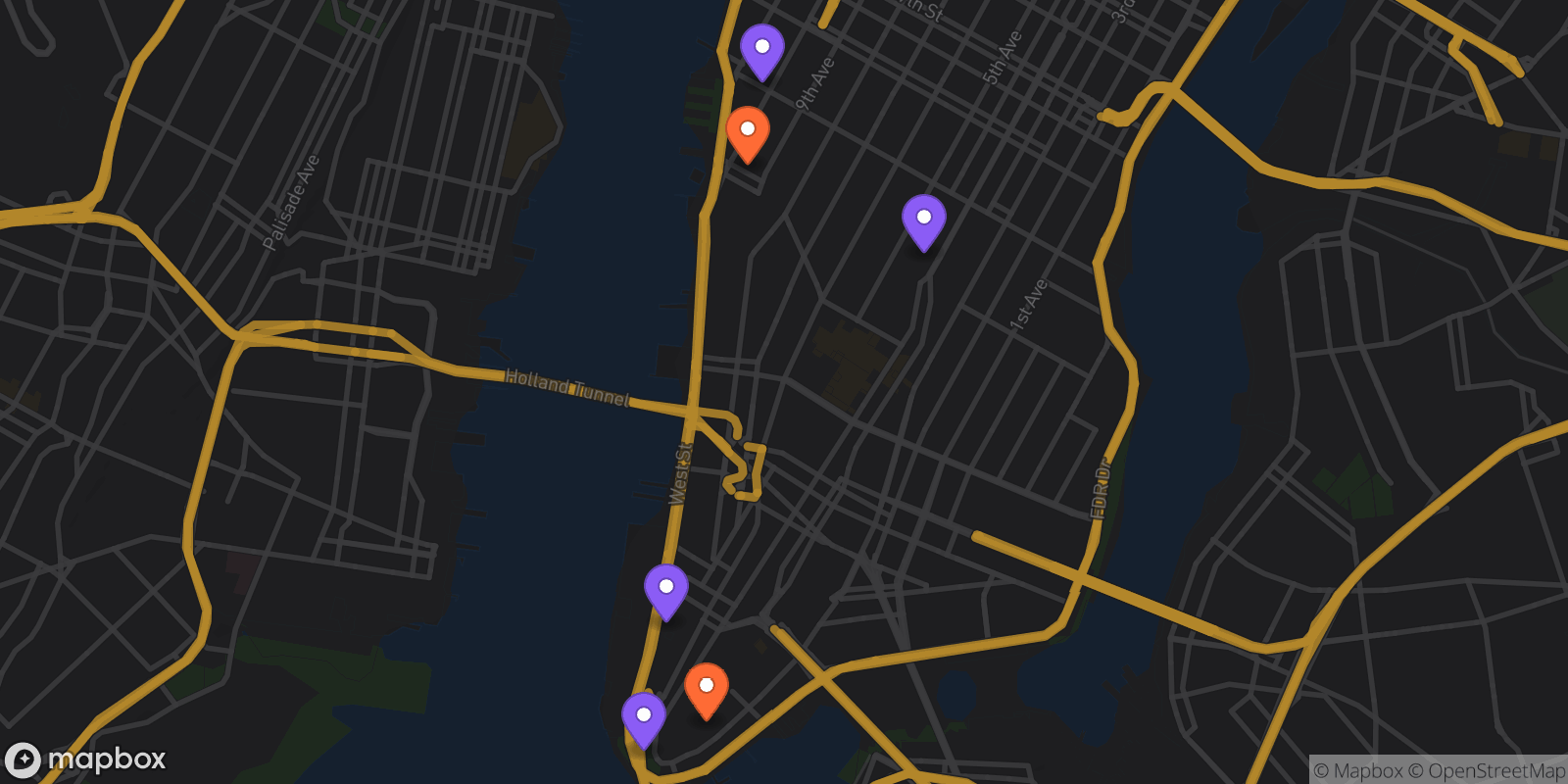 Map showing 6 locations