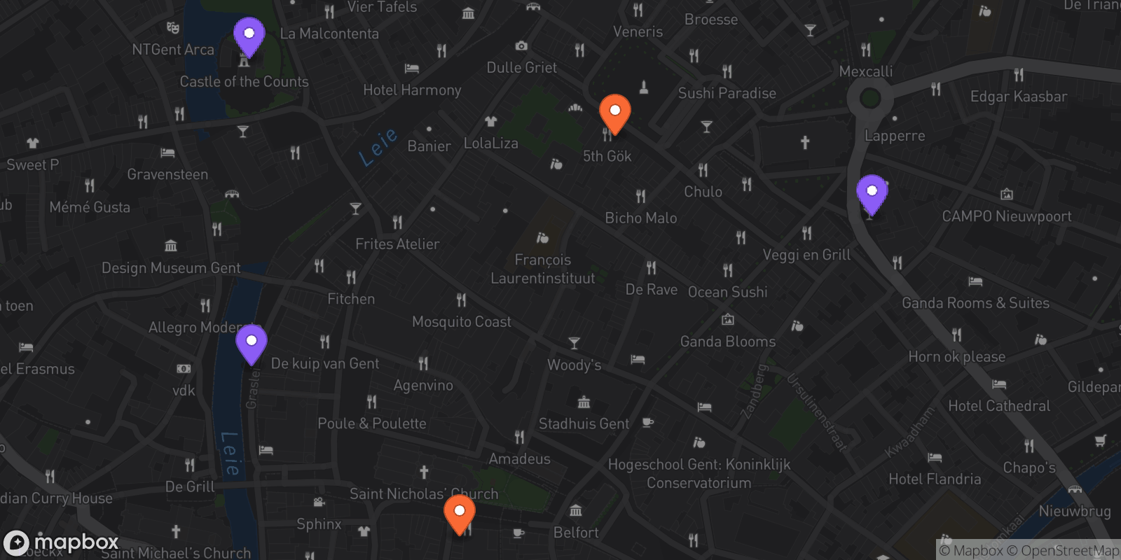 Map showing 5 locations