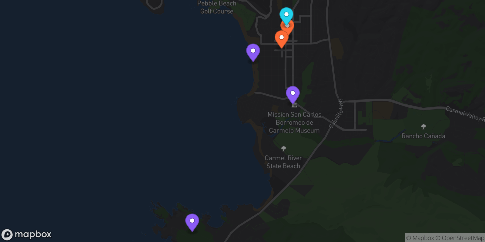 Map showing 6 locations