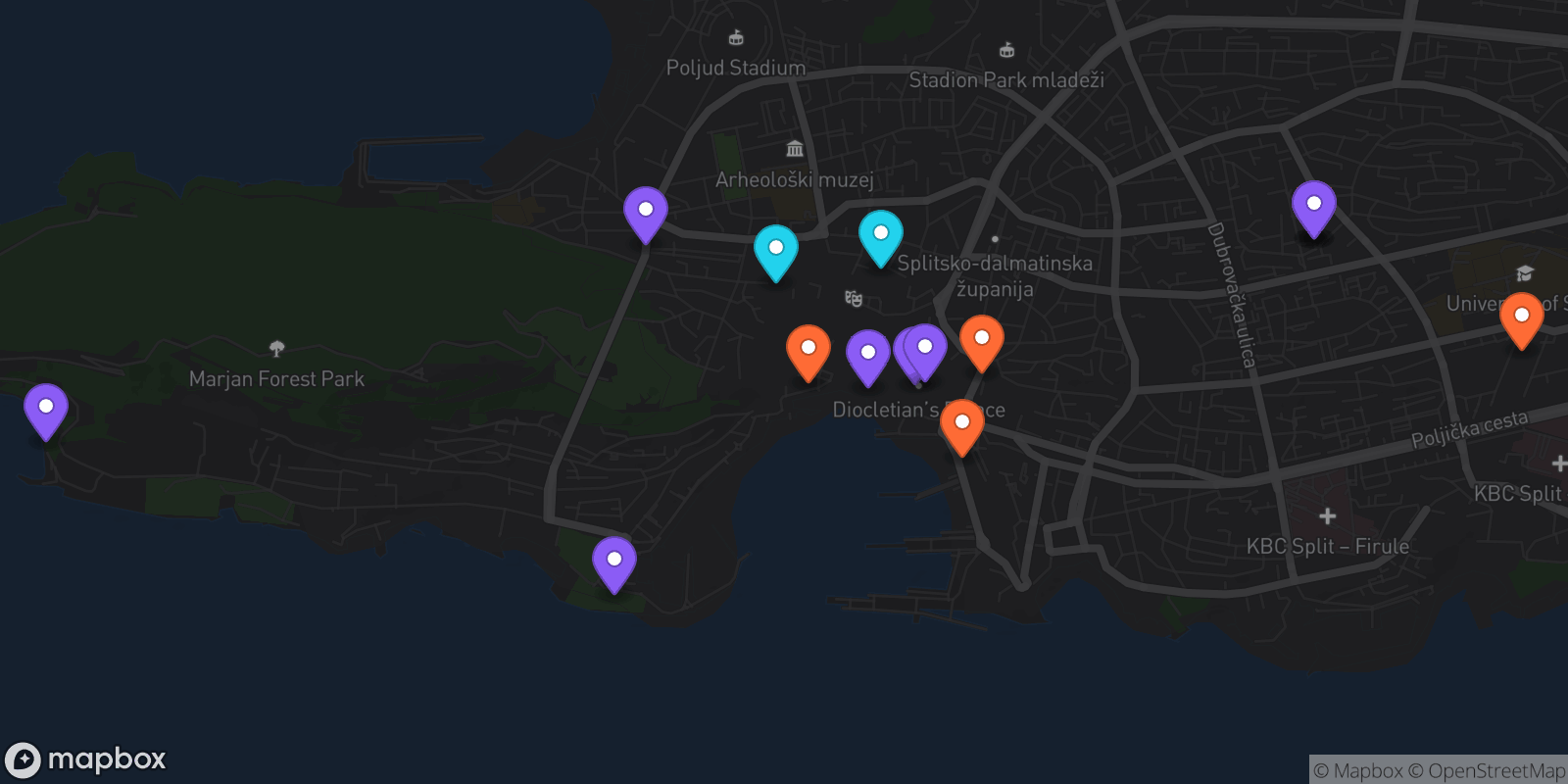Map showing 15 locations